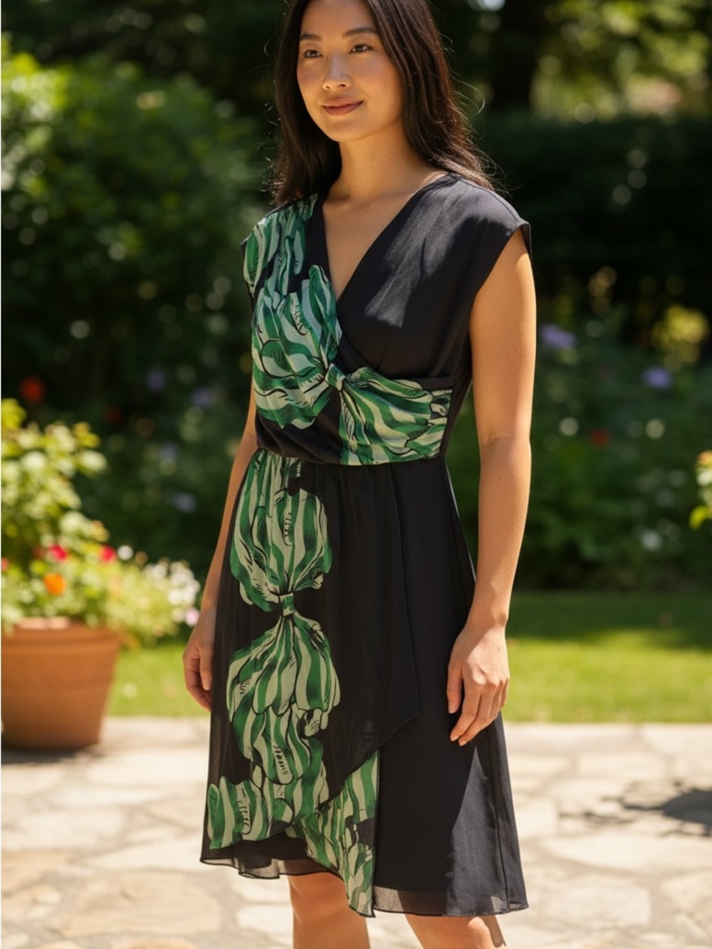 Anna Sui Black Midi Dress with Green Leaf Print